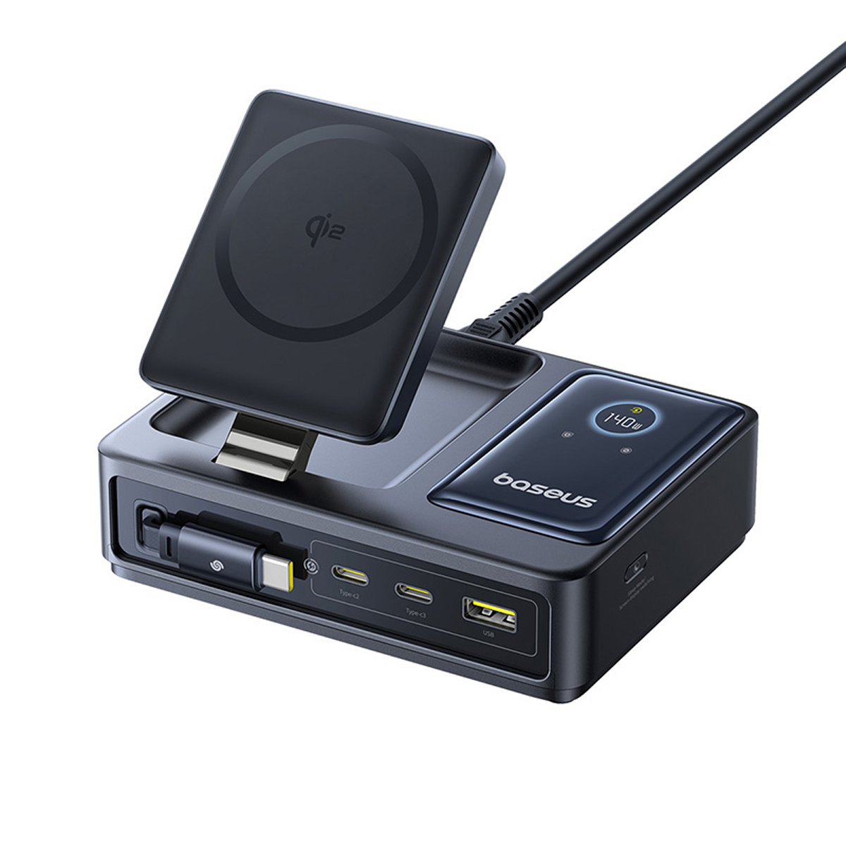 baseus-nomos-5-in-1-desktop-ladestation-qi2-140w-mit-einziehbarem-kabel image 2