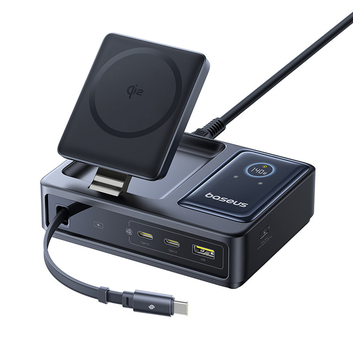 baseus-nomos-5-in-1-desktop-ladestation-qi2-140w-mit-einziehbarem-kabel image 5